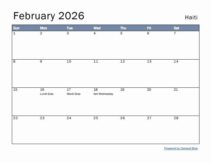 February 2026 Simple Monthly Calendar for Haiti