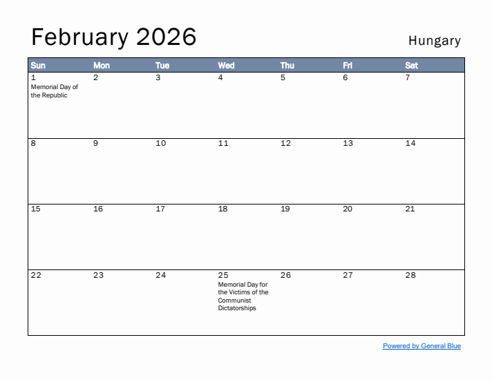 February 2026 Simple Monthly Calendar for Hungary