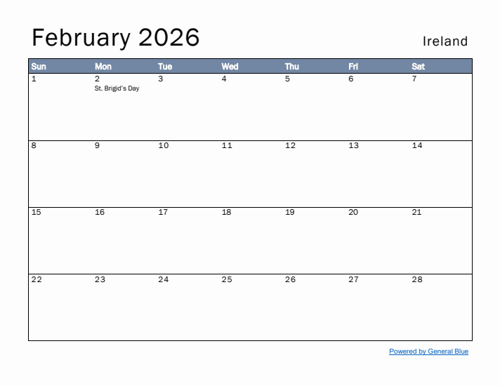 February 2026 Simple Monthly Calendar for Ireland