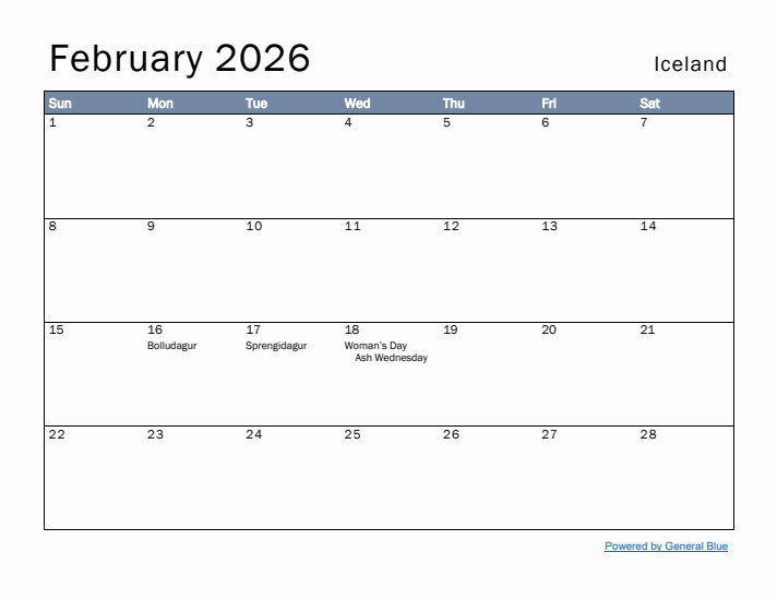 February 2026 Simple Monthly Calendar for Iceland