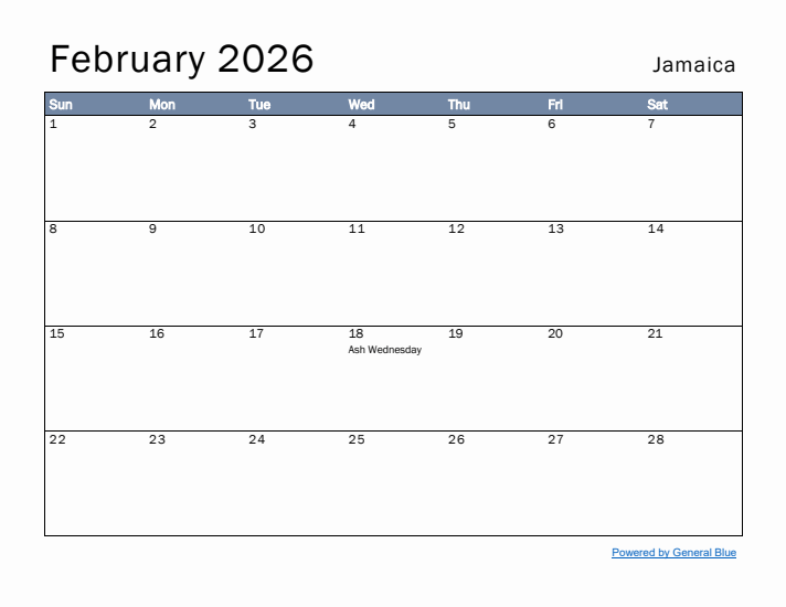 February 2026 Simple Monthly Calendar for Jamaica