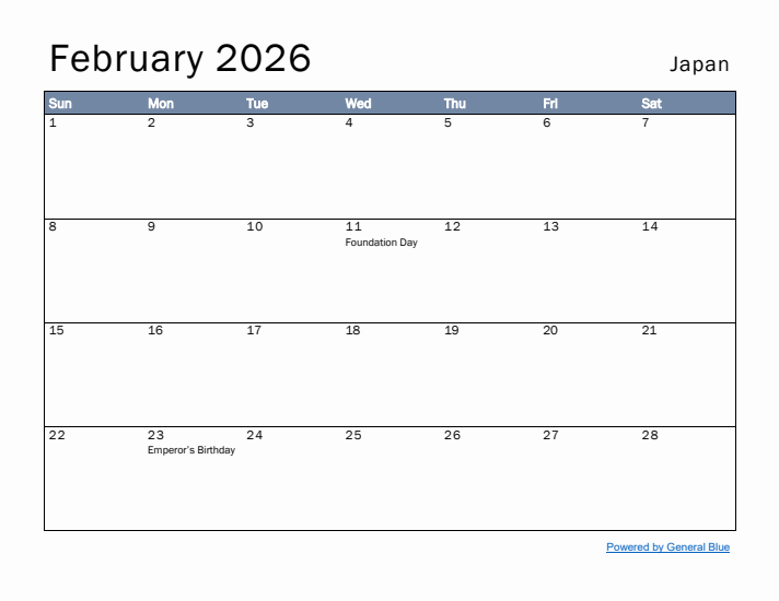 February 2026 Simple Monthly Calendar for Japan