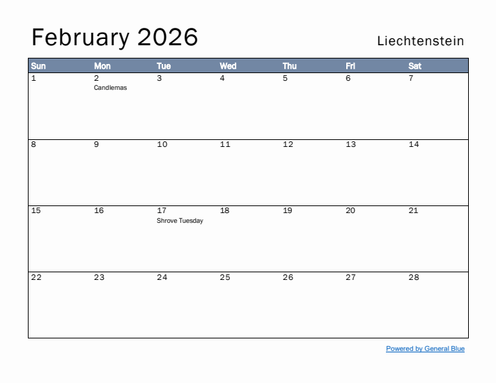 February 2026 Simple Monthly Calendar for Liechtenstein