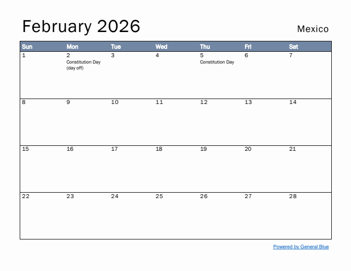 February 2026 Simple Monthly Calendar for Mexico