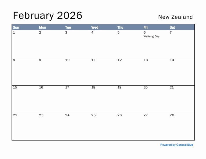 February 2026 Simple Monthly Calendar for New Zealand