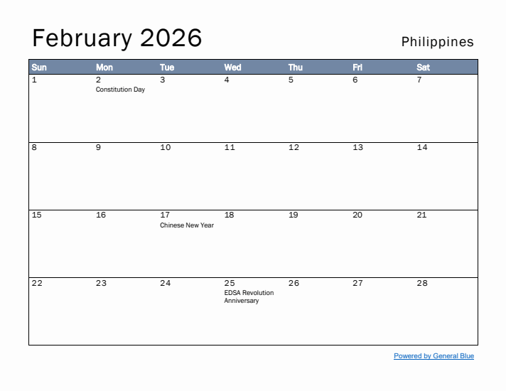 February 2026 Simple Monthly Calendar for Philippines