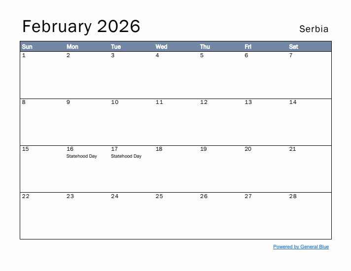 February 2026 Simple Monthly Calendar for Serbia