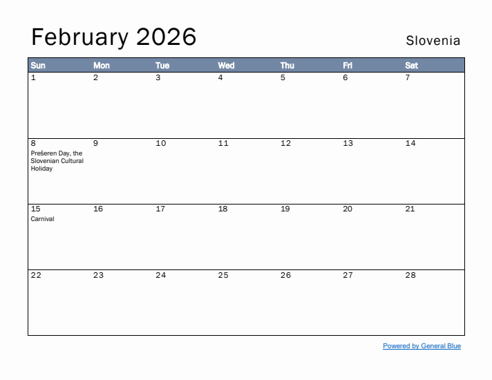 February 2026 Simple Monthly Calendar for Slovenia