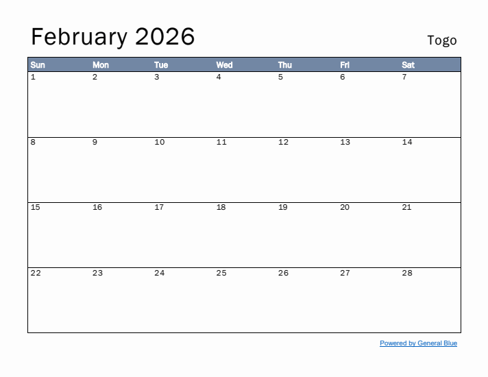 February 2026 Simple Monthly Calendar for Togo