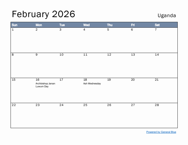 February 2026 Simple Monthly Calendar for Uganda