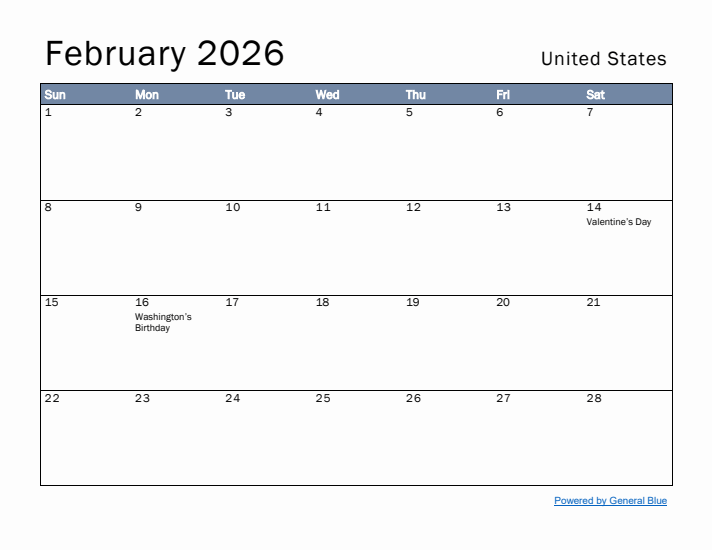 February 2026 Simple Monthly Calendar for United States