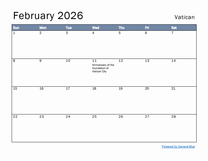 February 2026 Simple Monthly Calendar for Vatican