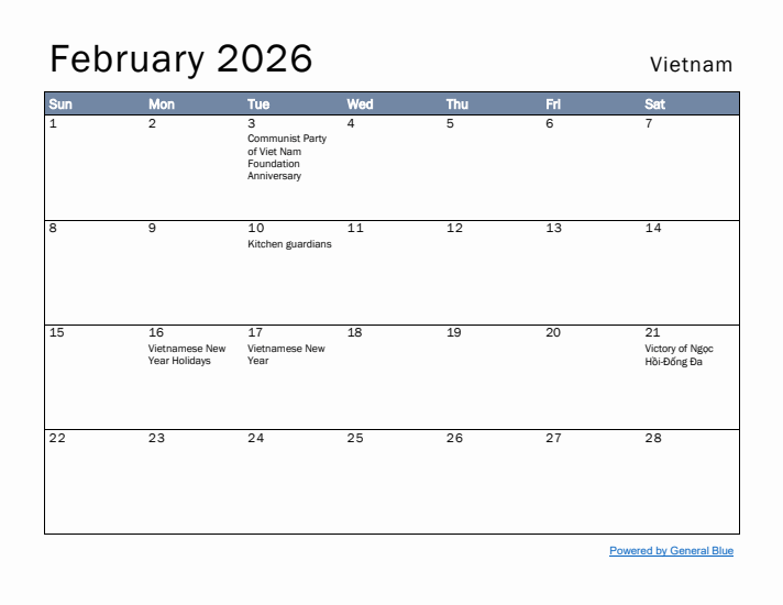 February 2026 Simple Monthly Calendar for Vietnam