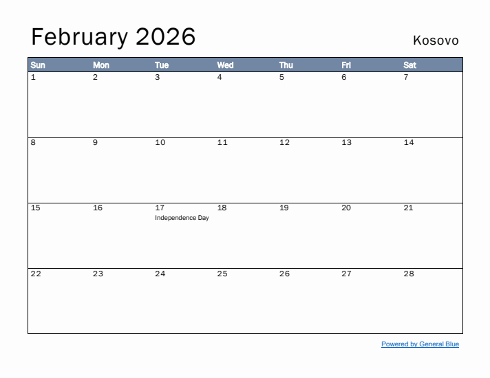 February 2026 Simple Monthly Calendar for Kosovo