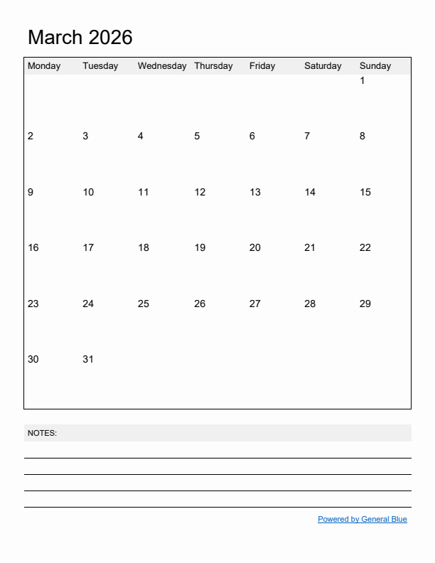 Basic Monthly Calendar Template for March 2026