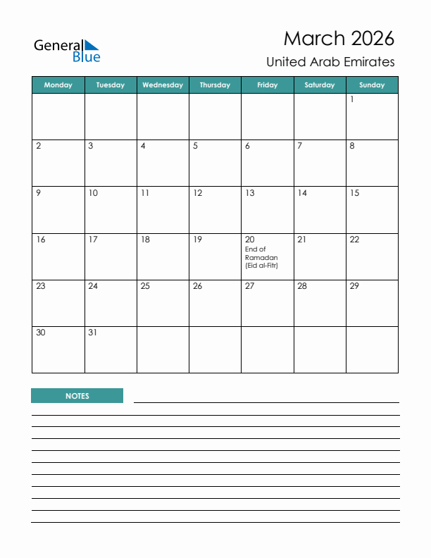 Calendar with Notes Printable - Monday Start