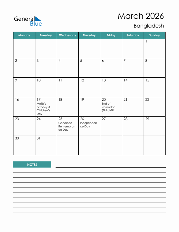 Calendar with Notes Printable - Monday Start