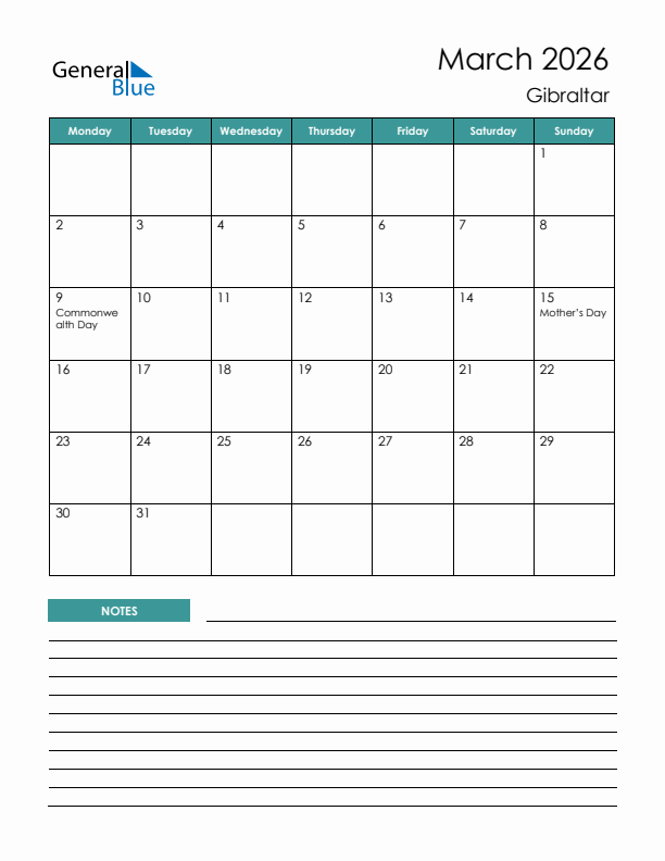 Calendar with Notes Printable - Monday Start