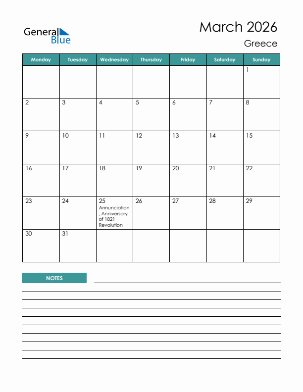 Calendar with Notes Printable - Monday Start