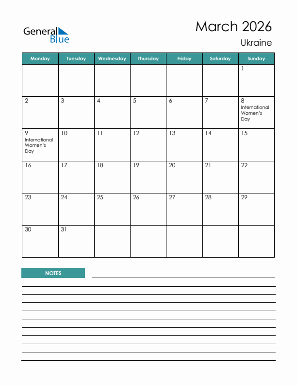 Calendar with Notes Printable - Monday Start