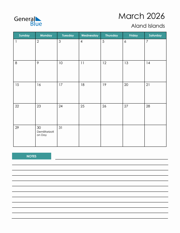 Calendar with Notes Printable - Sunday Start