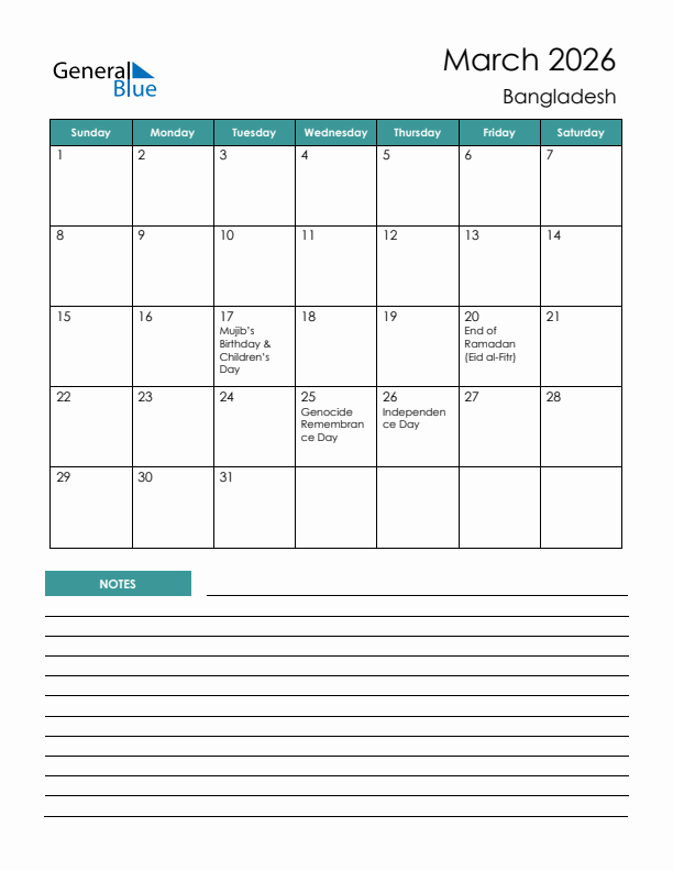 Calendar with Notes Printable - Sunday Start