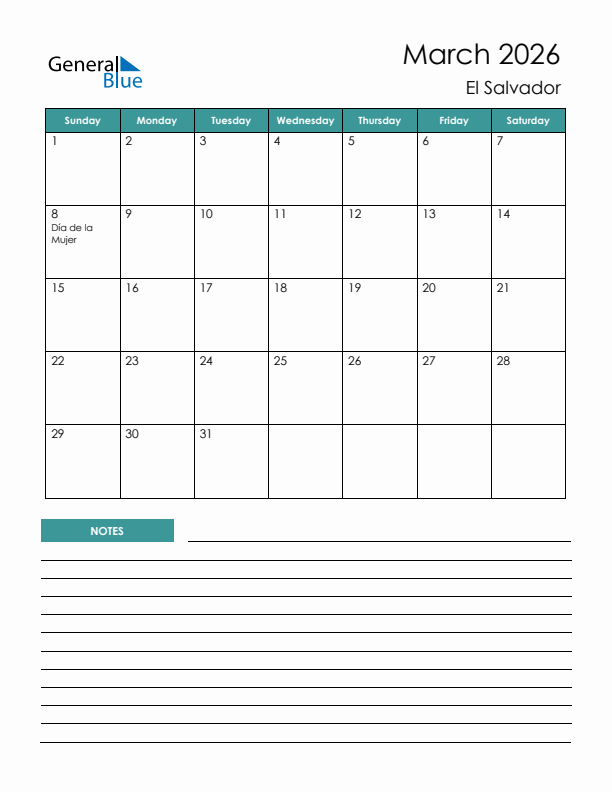 Calendar with Notes Printable - Sunday Start