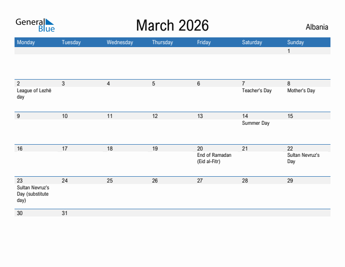 Fillable March 2026 Calendar