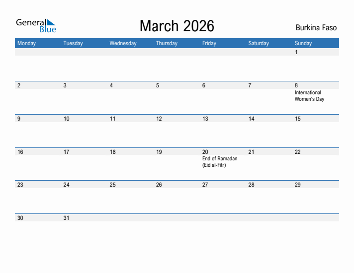 Fillable March 2026 Calendar