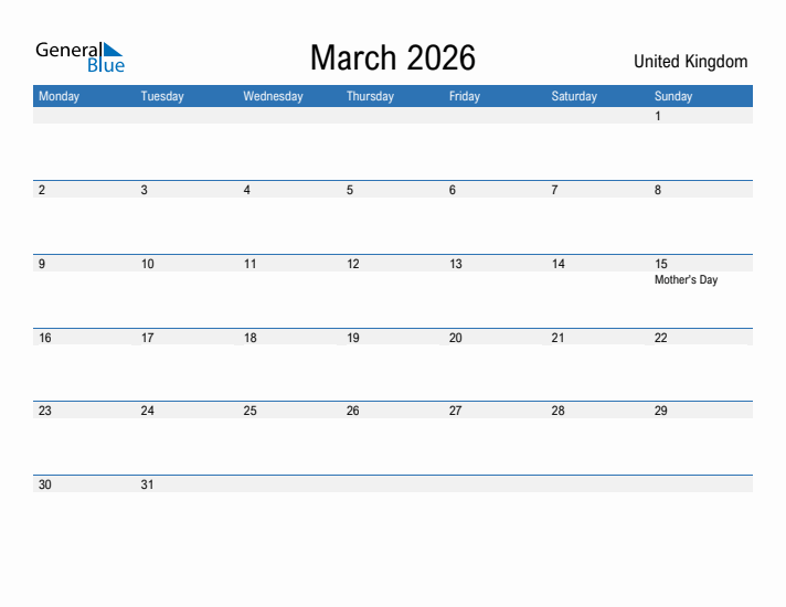 Fillable March 2026 Calendar