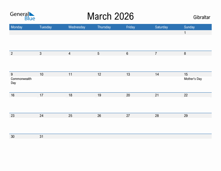 Fillable March 2026 Calendar