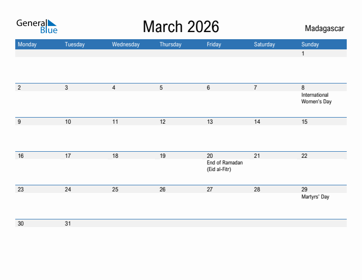 Fillable March 2026 Calendar