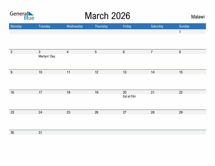 Fillable March 2026 Calendar