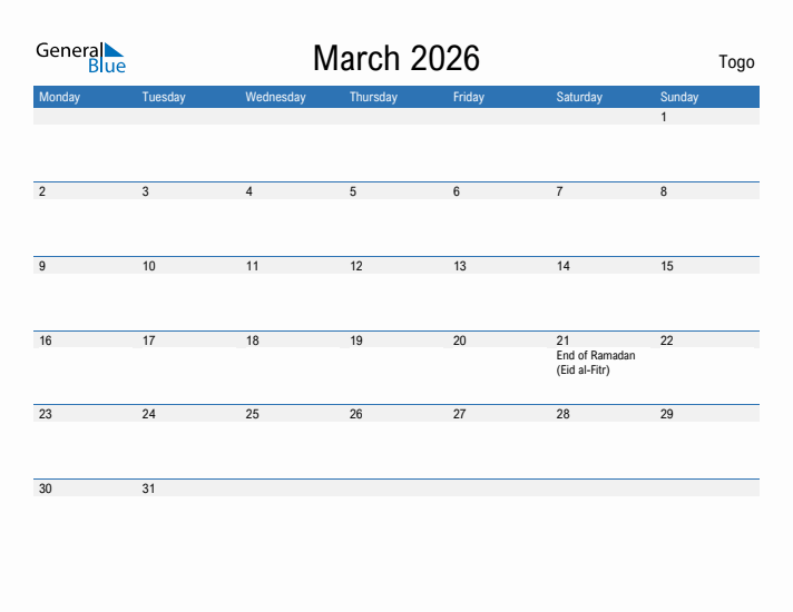 Fillable March 2026 Calendar