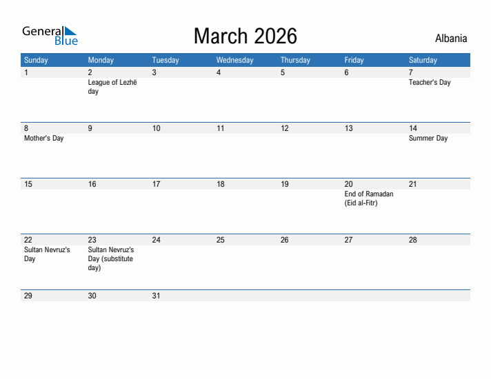 Fillable March 2026 Calendar