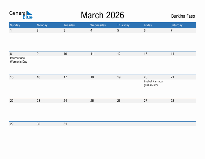 Fillable March 2026 Calendar