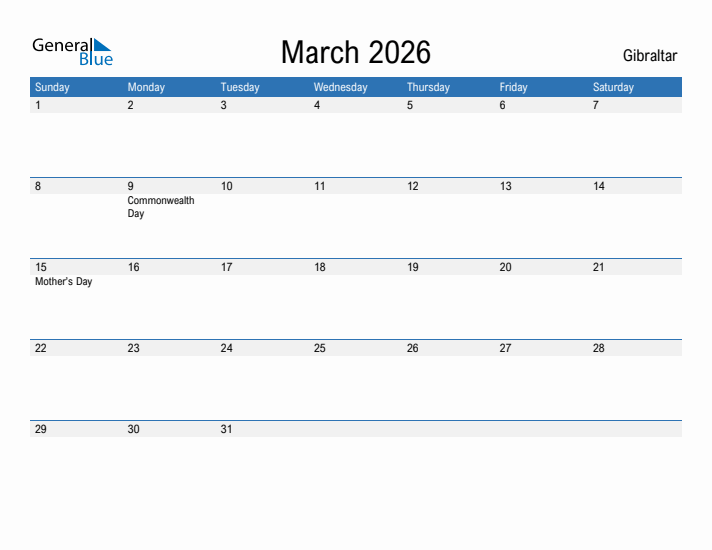 Fillable March 2026 Calendar