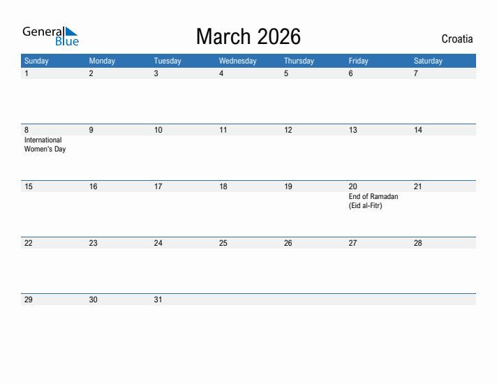 Fillable March 2026 Calendar