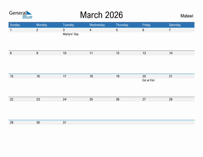 Fillable March 2026 Calendar