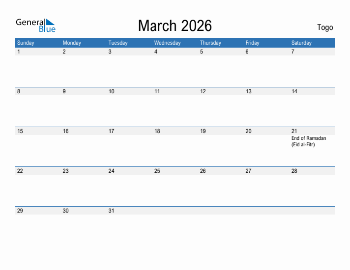 Fillable March 2026 Calendar