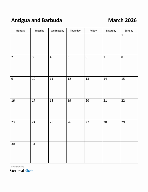 March 2026 Calendar with Antigua and Barbuda Holidays