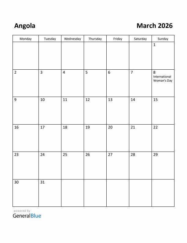 March 2026 Calendar with Angola Holidays