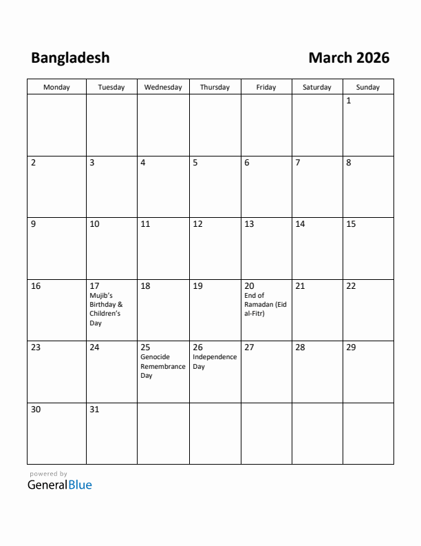 March 2026 Calendar with Bangladesh Holidays