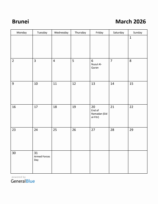 March 2026 Calendar with Brunei Holidays