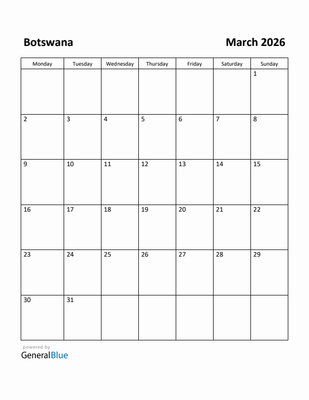 March 2026 Calendar with Botswana Holidays