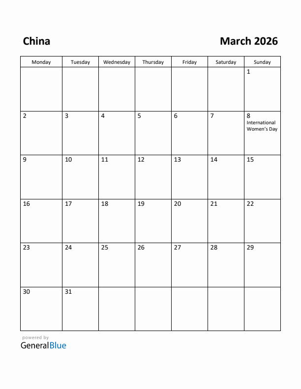 March 2026 Calendar with China Holidays