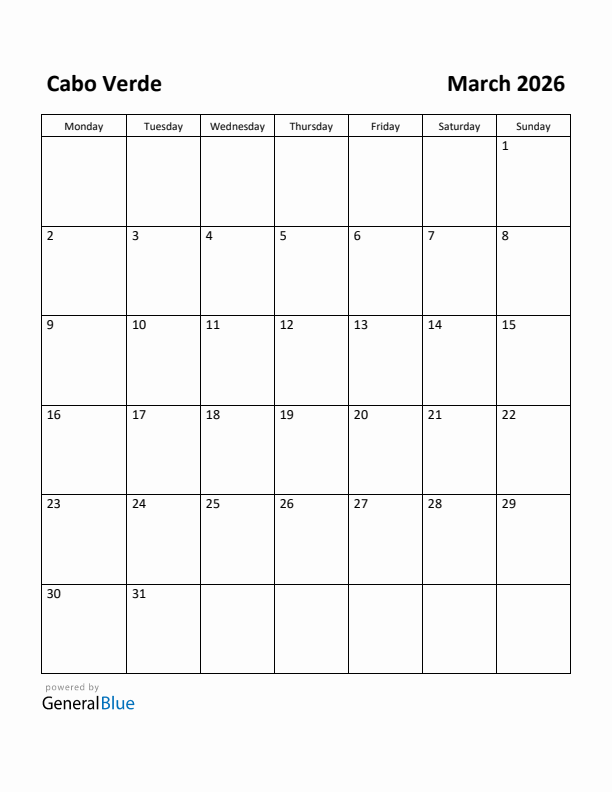 March 2026 Calendar with Cabo Verde Holidays