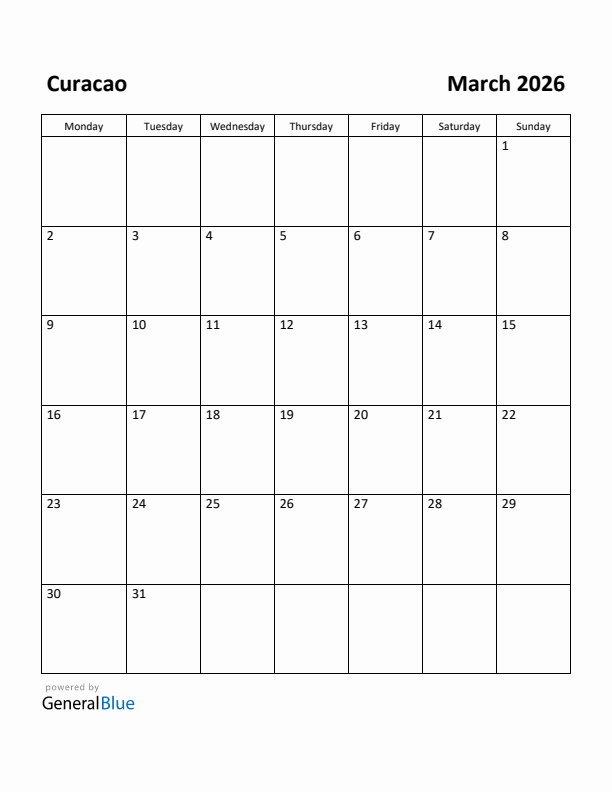 March 2026 Calendar with Curacao Holidays