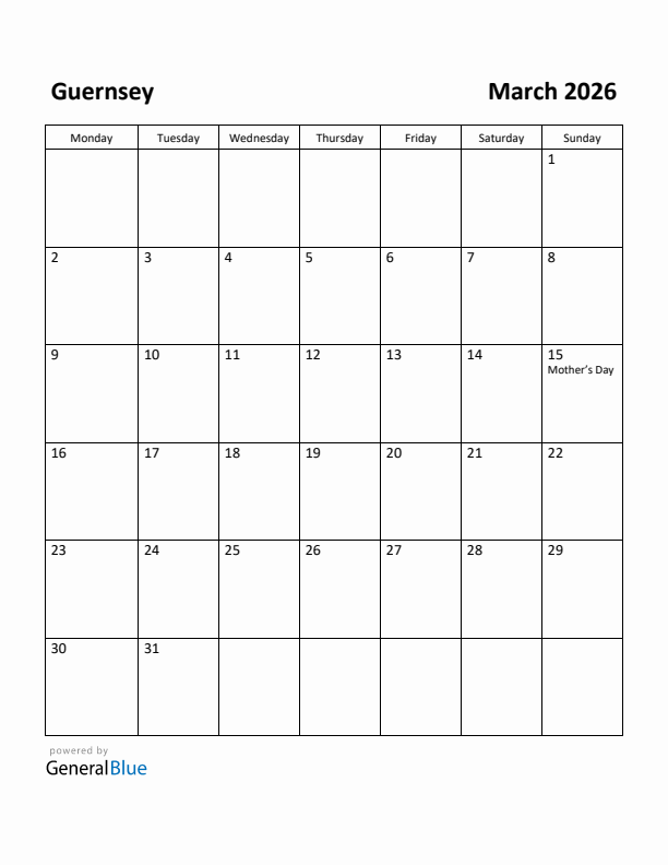 March 2026 Calendar with Guernsey Holidays