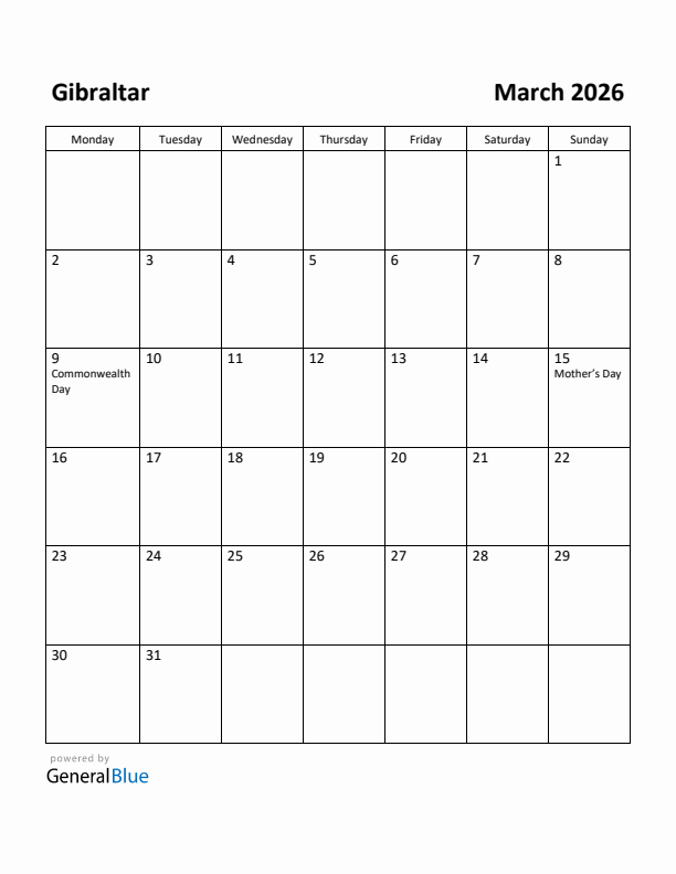 March 2026 Calendar with Gibraltar Holidays